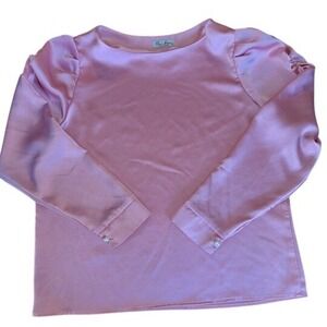 Pink Satin Puff Sleeve Boat Neck Blouse Pearl Button Cuff Long Sleeve Top
